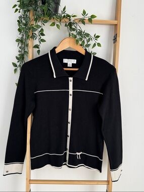 Petite Sophisticate  Vintage Silk Preppy Black Cardigan with Ivory Trim Size M